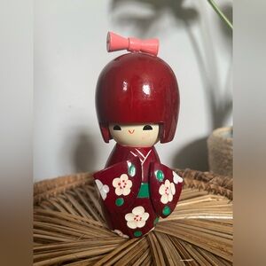 Vintage Red Kokeshi Doll moveable head with Floral Design